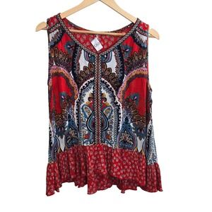 Bila Sleeveless V Neck Paisley Print Ruffle Hem Top Women L Red Boho Indie